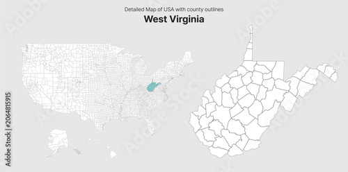 Vector US State and County Boundary Map.
West Virginia map.