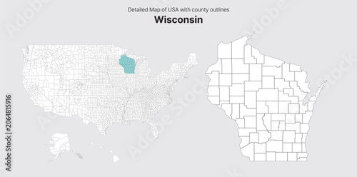 Vector US State and County Boundary Map.
Wisconsin map.