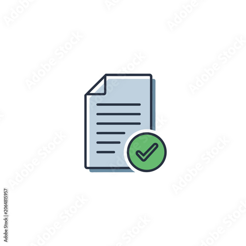 Flat color icon of an approved document with a green checkmark representing ethical journalism and validation