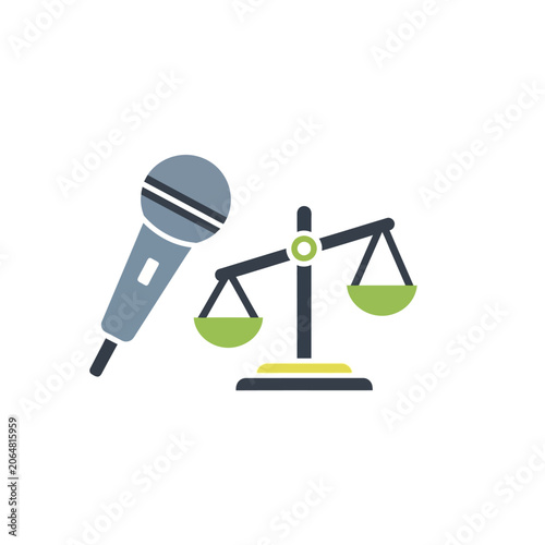 Flat color icon representing free press, legal justice, and media freedom with a microphone and scales