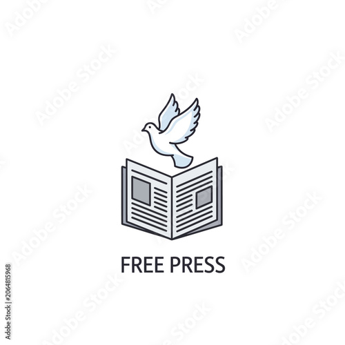 Flat color free press icon with a white dove and open newspaper representing independent journalism and media liberty