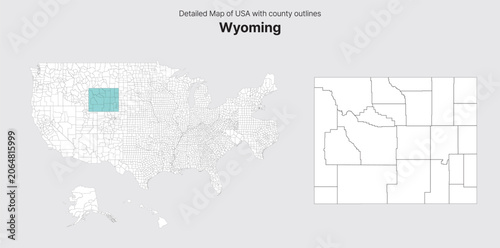 Vector US State and County Boundary Map.
Wyoming map.