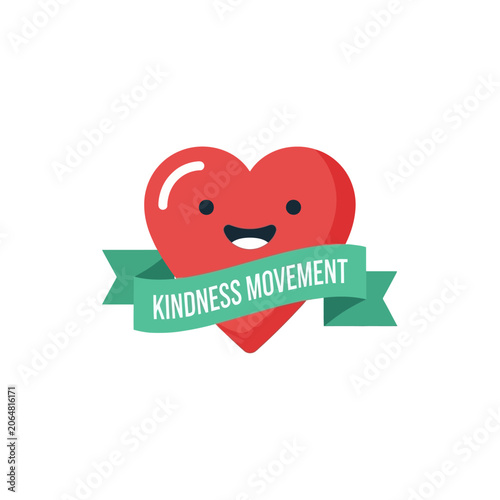Cute Smiling Red Heart Cartoon Character with Green Ribbon Banner for Kindness Movement Concept