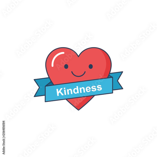 Cute Red Heart Character With Kindness Text Ribbon Banner Vector Graphic Design Concept