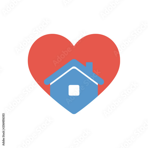 Flat color community love icon representing a cozy home within a heart, symbolizing care and belonging