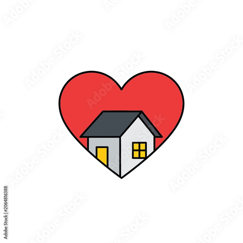 Flat color icon of a house inside a red heart symbol representing helping neighbors community care and charity concept
