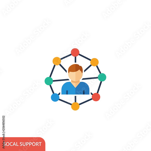 Flat color illustration of a man surrounded by a social support network with connected colorful nodes