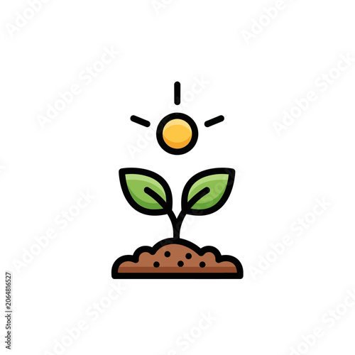 Minimalist Flat Vector Illustration of a Growing Green Sprout Under the Sun Representing Sustainable Nature and Environmental Care
