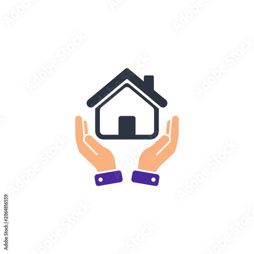 Flat color icon of hands protecting a house, representing housing assistance, real estate insurance, and property security services