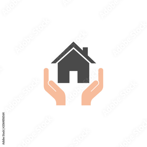 Flat color icon of hands supporting a house for rent assistance, home insurance, and real estate protection services