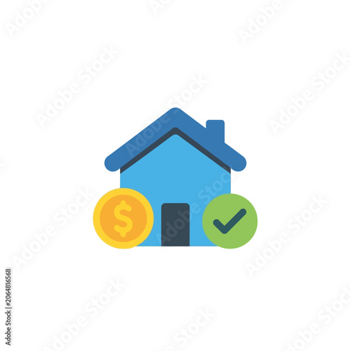 Flat Design Illustration of a Residential Home Icon with Money Symbol and Checkmark for Real Estate and Property Financial Planning