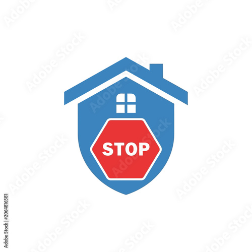 Flat Color Icon of House Shield with Stop Sign for Eviction Prevention and Home Protection Concept