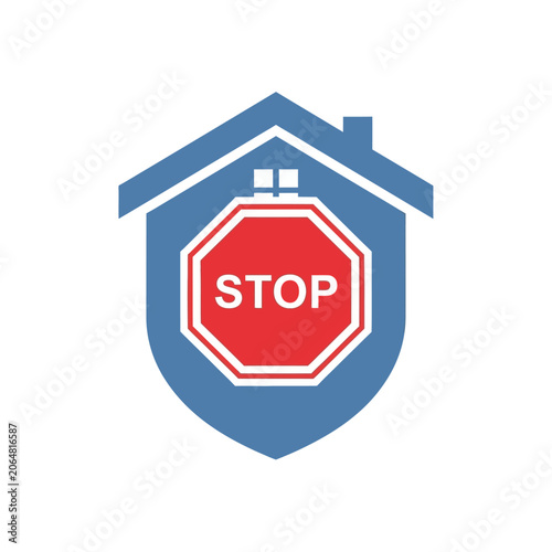 Secure Home Shield Icon Featuring a Red Stop Sign Symbol for Residential Safety and Property Protection Concepts