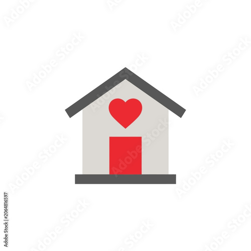 Cozy and inviting home illustration with a red heart emblem on the door, symbolizing love and community shelter