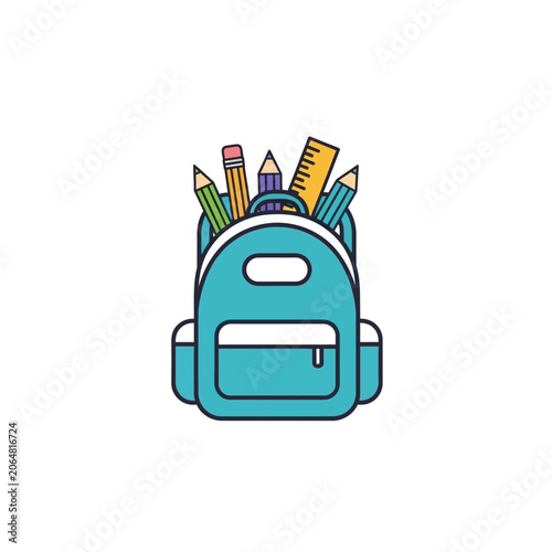 Flat color illustration of a blue school backpack filled with colorful pencils and a ruler for back to school education concept