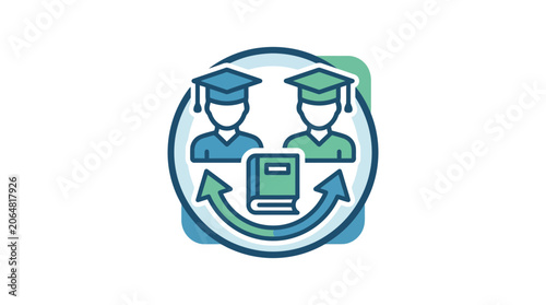 Education Exchange Icon: Students, Book, Arrows, Graduation Caps