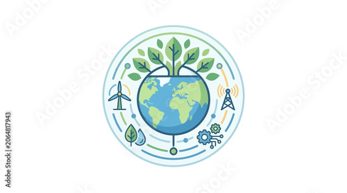 Eco-friendly Technology and Sustainability Concept with Globe and Green Leaves