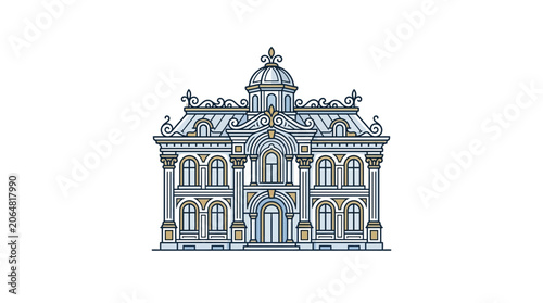 Elegant Mansion Facade Illustration, Classical Architecture, Ornate Building Design