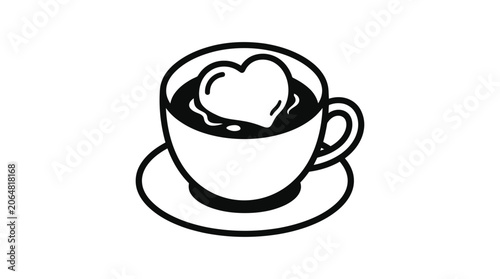 Heart shaped marshmallow in hot chocolate cup, love symbol, simple line art