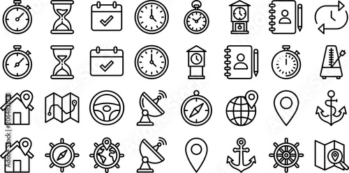 Cuadro en lienzo Vector line icon set featuring time management clocks calendars maps pin locations compasses anchors and navigation system symbols