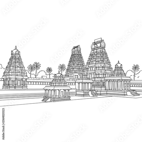 Fine Line Art Drawing of Indian Temple Complex