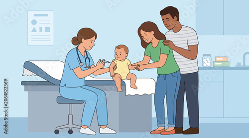 Family visiting pediatrician with baby.