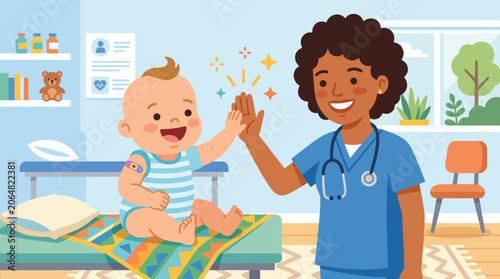 A baby and a nurse high five.
