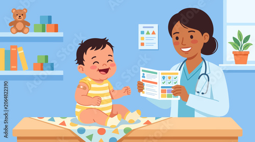 Smiling baby and female doctor in examination room.