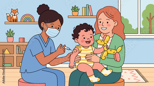 a female doctor giving a baby a vaccination.