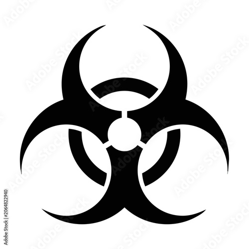 Solid black biohazard symbol icon with three symmetrical crescents on a central circle isolated on white safety and hazard warning concept