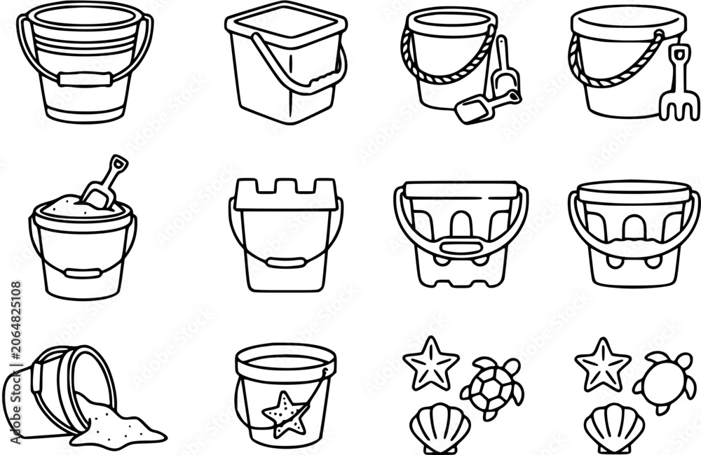 Obraz premium Summer Beach Play Sand Buckets, Shovels, and Sea Life Toys Outline Icons Set. Childhood Vacation Essentials, Seaside Fun, Recreation Line Art Glyphs.