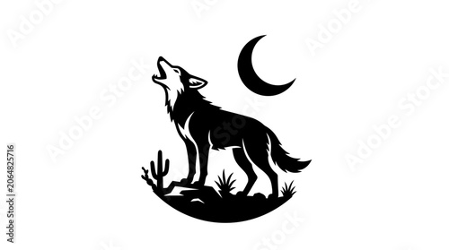 Howling Wolf Silhouette Under Crescent Moon in Desert Landscape