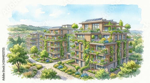Modern ecofriendly apartment complex with lush greenery and outdoor terraces