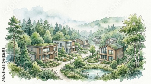 Modern ecofriendly houses in lush green forest landscape with pond