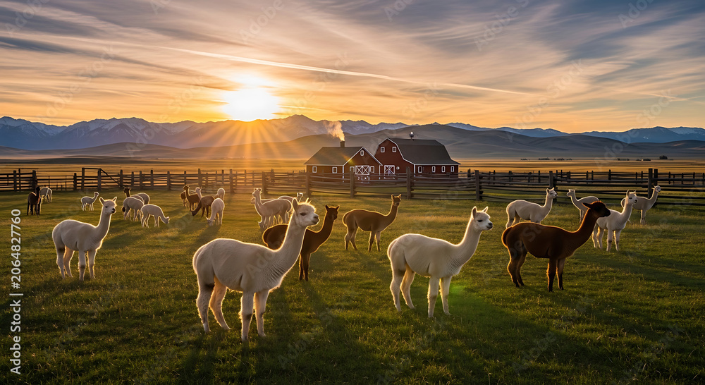 Fototapeta premium Alpacas grazing in a green field at sunset.