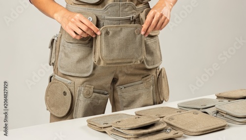 Medium shot focusing on modular pockets being added to a repairable circular design outfit emphasizing customizable and sustainable clothing features.