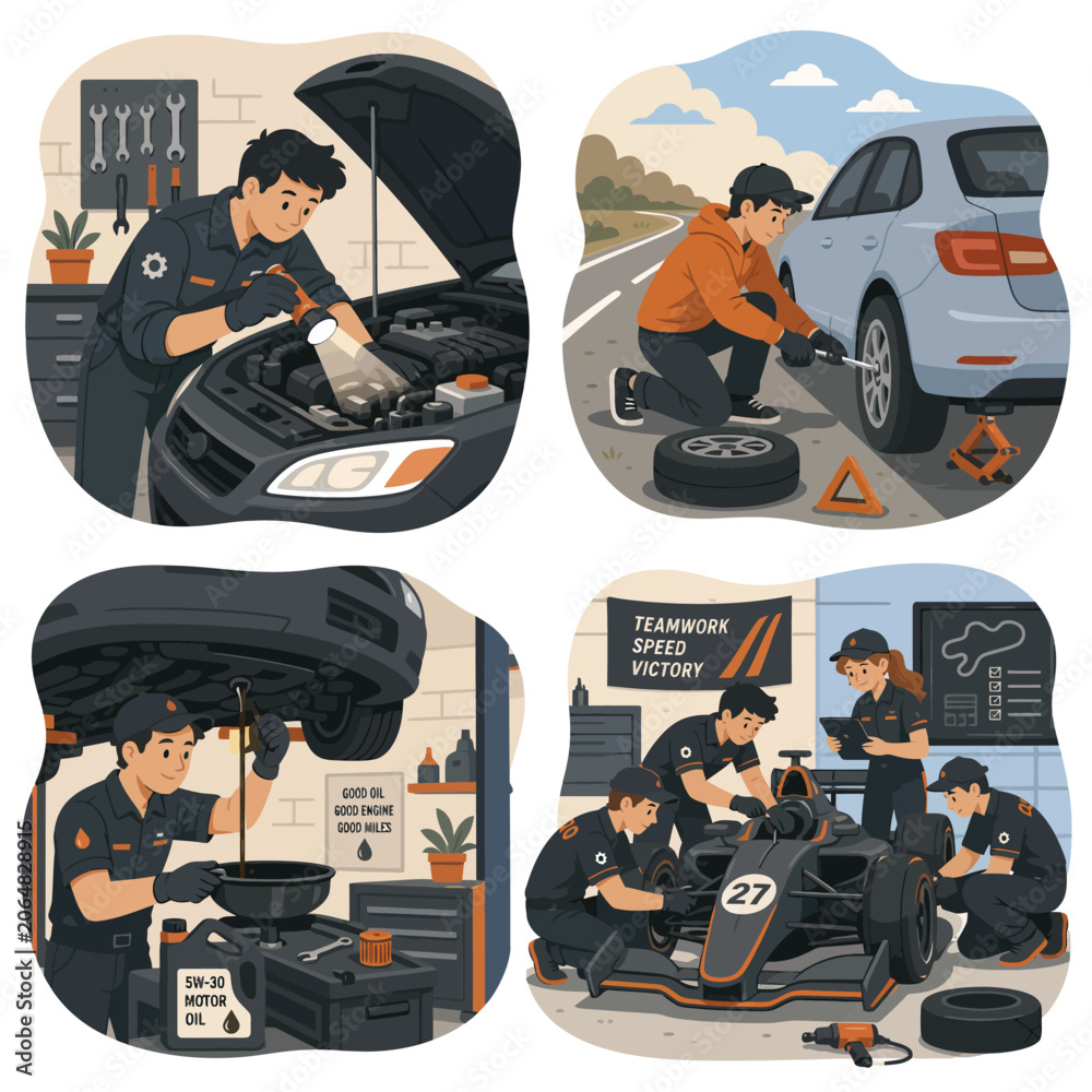 Naklejka premium Collage of Auto Mechanics Working on Cars in Different Settings, Including a Garage and a Racetrack Pit Stop.