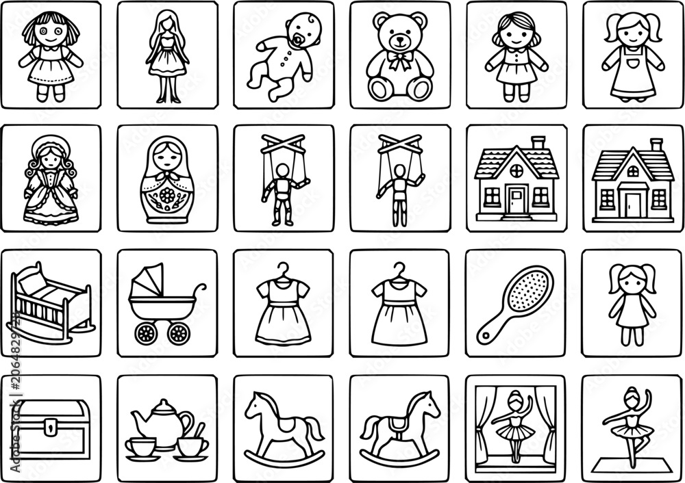 Fototapeta premium Children's Toys and Dolls Line Art Icon Collection: Black and White Glyphs for Playtime, Nursery, and Childhood Themes