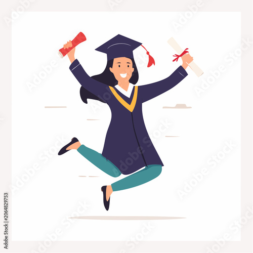 Happy Graduate Jumping with Diplomas
