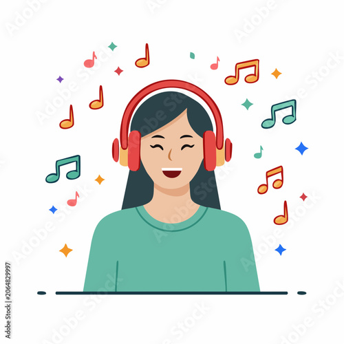 Woman Enjoying Music with Headphones and Musical Notes