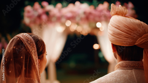 Indian bride and groom from back looking at beautiful wedding altar decorated with pink flowers and curtains at night