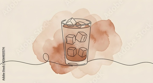 Minimalist Line Art Illustration of Iced Coffee Glass