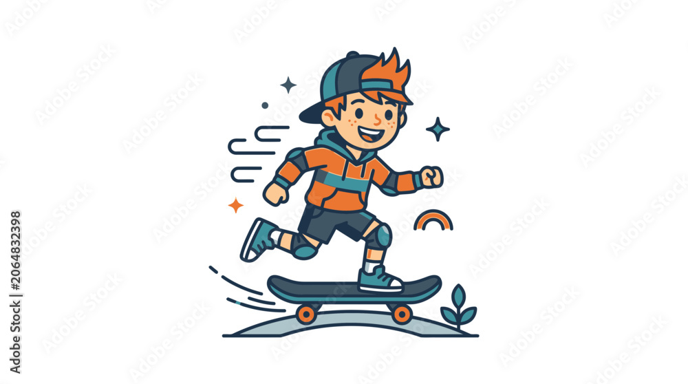 Fototapeta premium Happy Boy Riding Skateboard, Cartoon Style, Outdoor Activity, Summer Fun