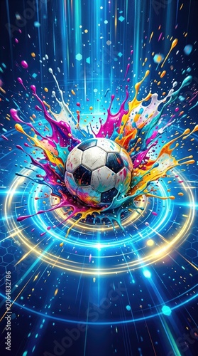 Futuristic soccer ball with vibrant colorful splash effects in digital neon style