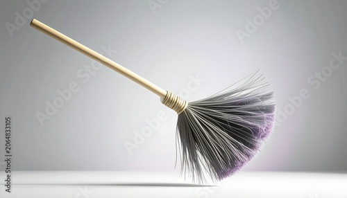 Wooden broom with purple bristles sweeping a clean white floor.