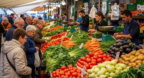 People shopping at a market stall with fresh vegetables and fruits, including tomatoes, carrots, and potatoes, in a bustling outdoor setting.
