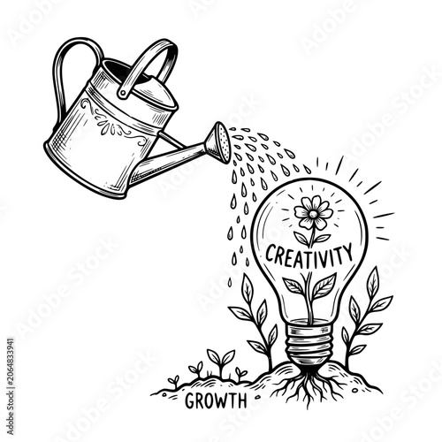 Watering can pouring water over a light bulb containing a blooming flower representing creativity and business growth in a black and white hand drawn style