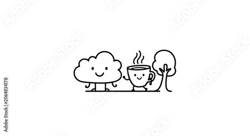 Smiling cloud tree and coffee cup.