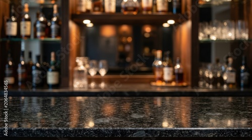 Empty polished bar counter with blurred liquor bottles background.