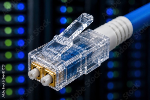 Close-up macro photograph of a clear, transparent Fiber oftical Fiber LC (Lucent Connector) connector with a optical fiber cable